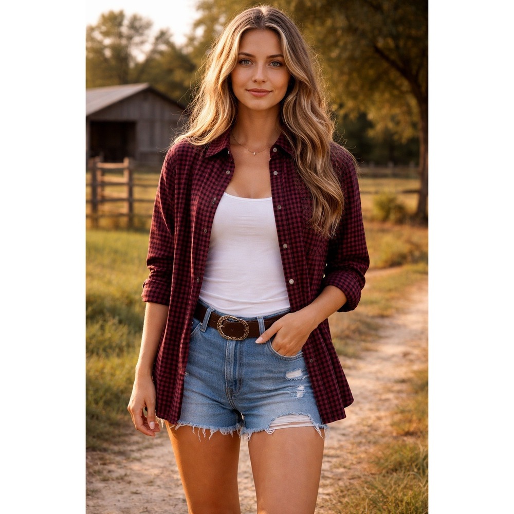 Mossimo Supply Co Burgundy Black Gingham Flannel Button Down Shirt Womens‎ Large